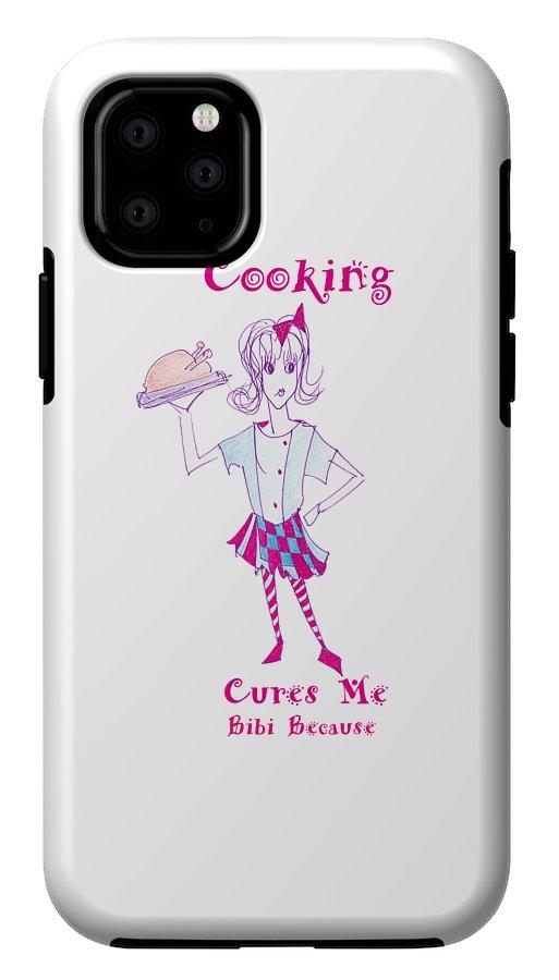 Cooking Cures Me Bibi Because phone case for iPhone 11 featuring a vibrant cooking-themed design by Sharon Tatem.